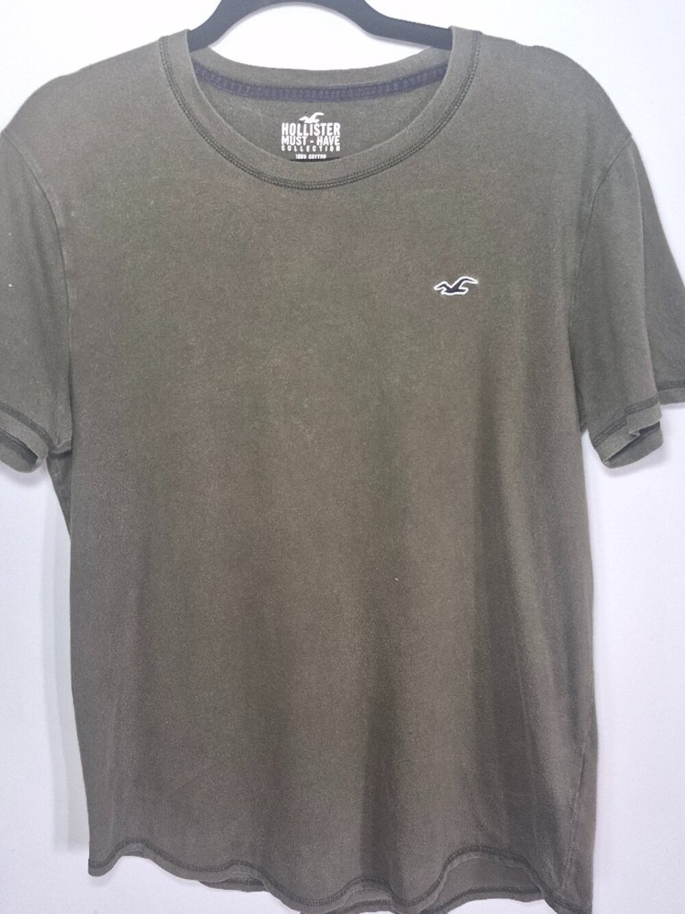 Hollister Mens Medium Olive Green T-Shirt Short Sleeve Seagull Embroidered Logo